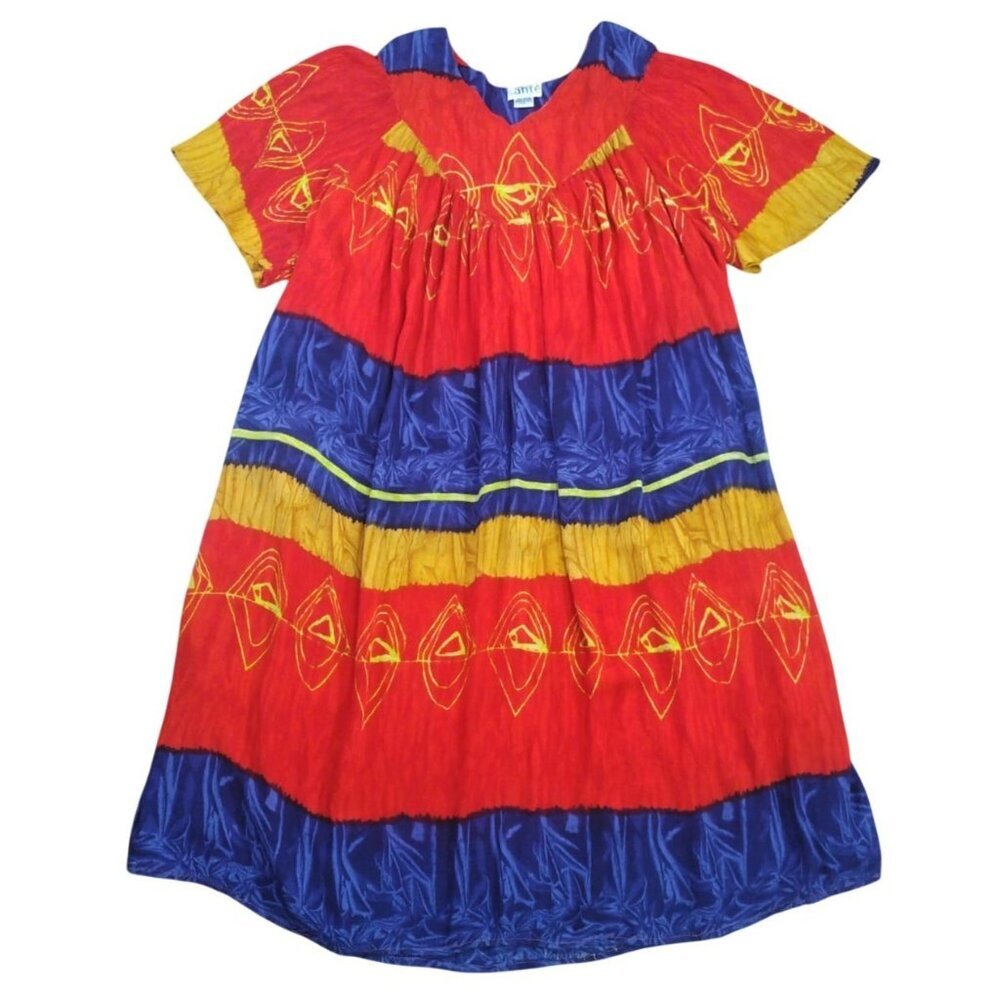 Colorful Boho Geometric Dress Womens 1X Short Sleeve Ethnic Festival Dress.